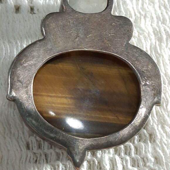 Vintage 925 Silver Real Tiger Eye & Moonstone Gemstone Oval Pendant Boho Hippie - Picture 11 of 16